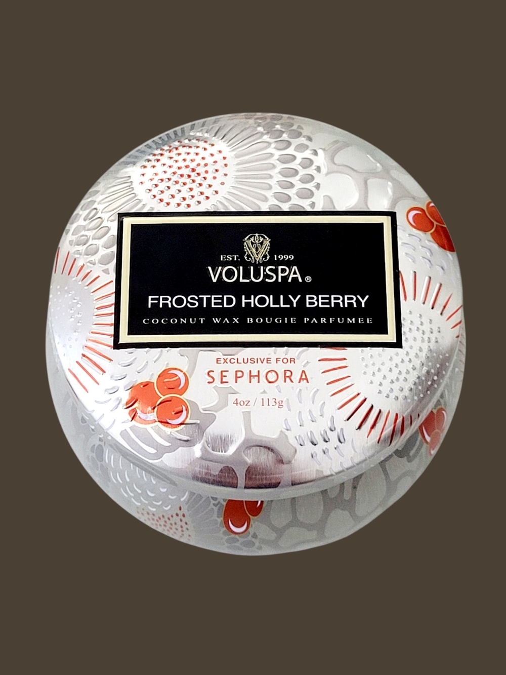 NEW VOLUSPA Frosted Holly Berry  Sephora Exclusive One Wick Scented Candle Tin